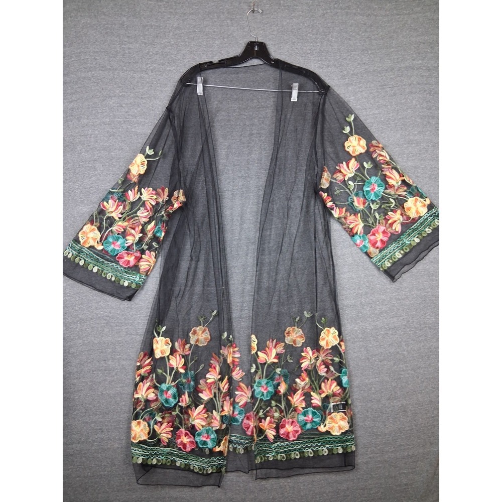 Shein Womens Jacket 3XL Black Sheer‎ Embroidered Floral Long Whimsygoth Withchy